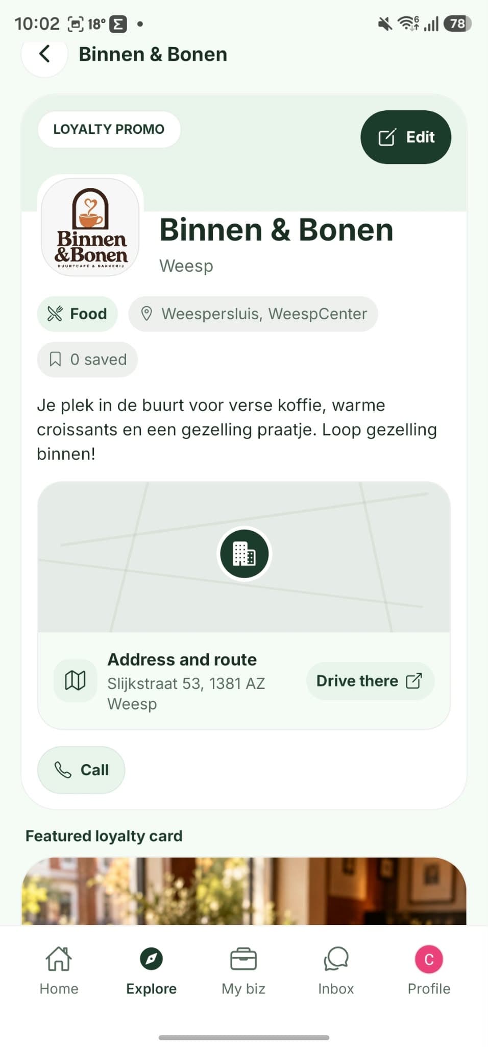 Bedrijfsprofiel van Binnen & Bonen met adres en contactmogelijkheden, eigenaarsweergave