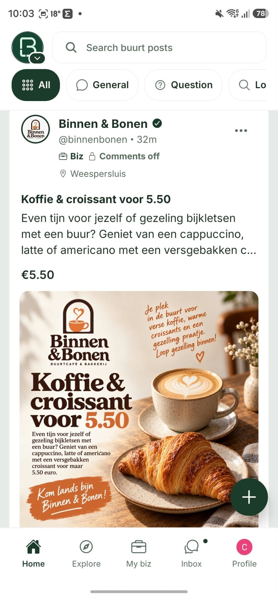 Aanbieding voor koffie en croissant van Binnen & Bonen in Buurted