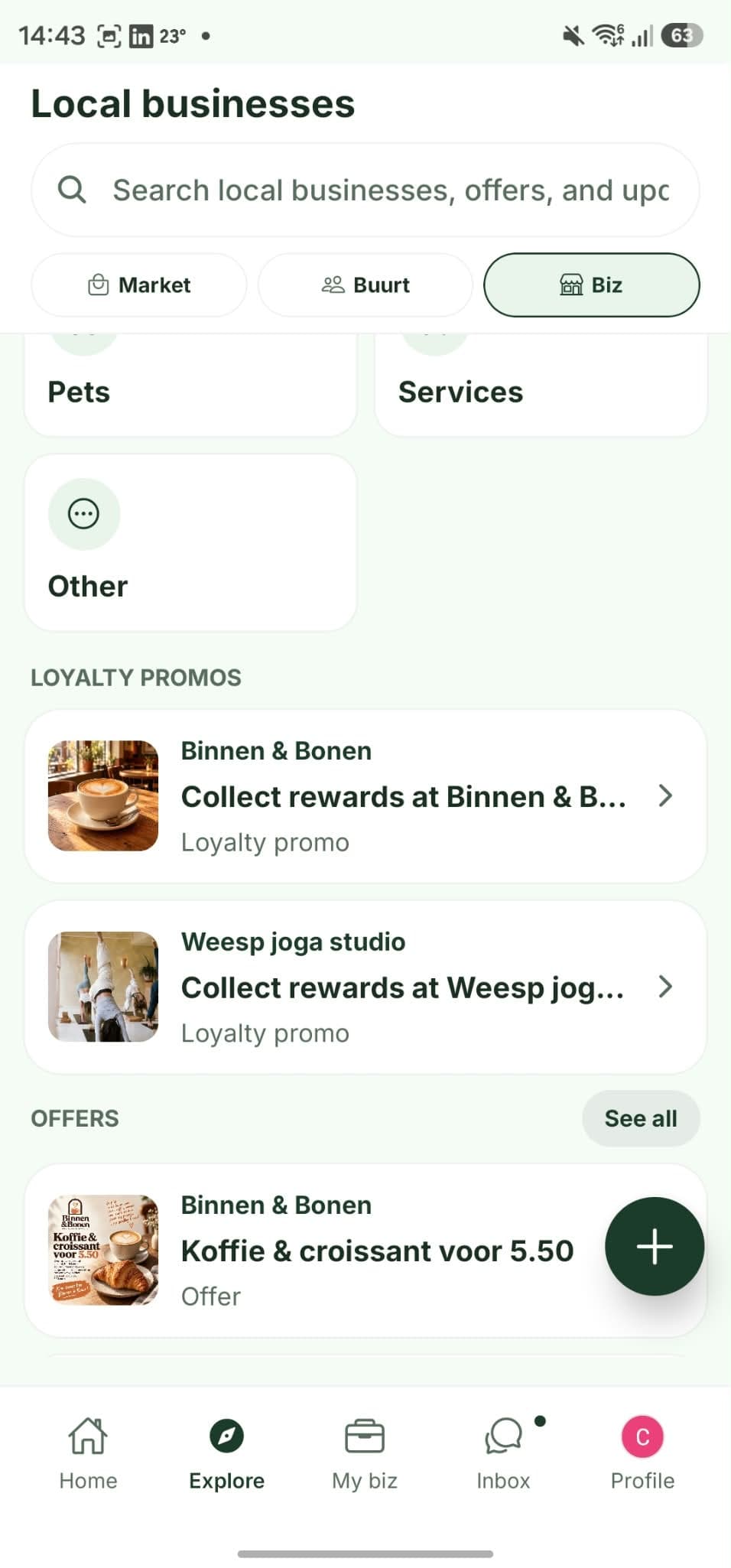 Buurted Explore met lokale zaken, spaarpromoties en aanbiedingen